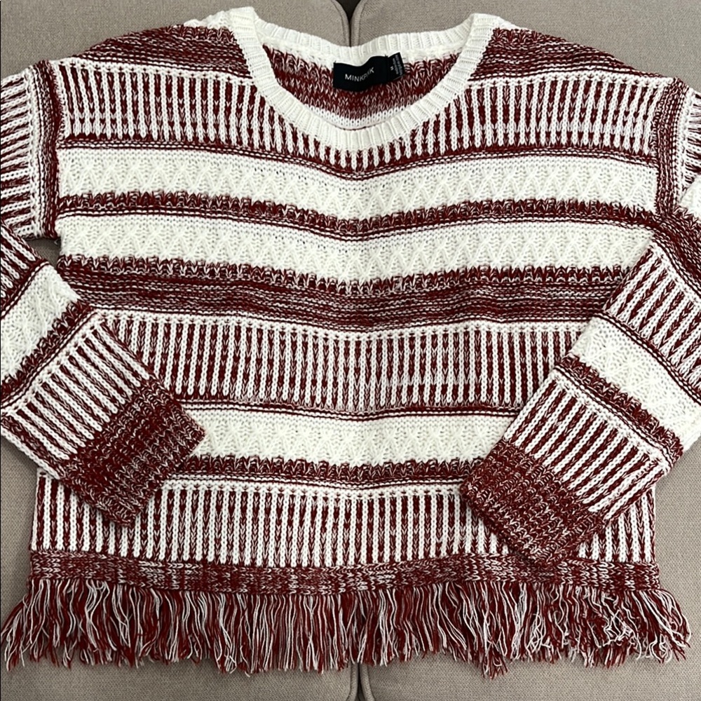 MINKPINK Burgundy and White Striped Fringe Sweater